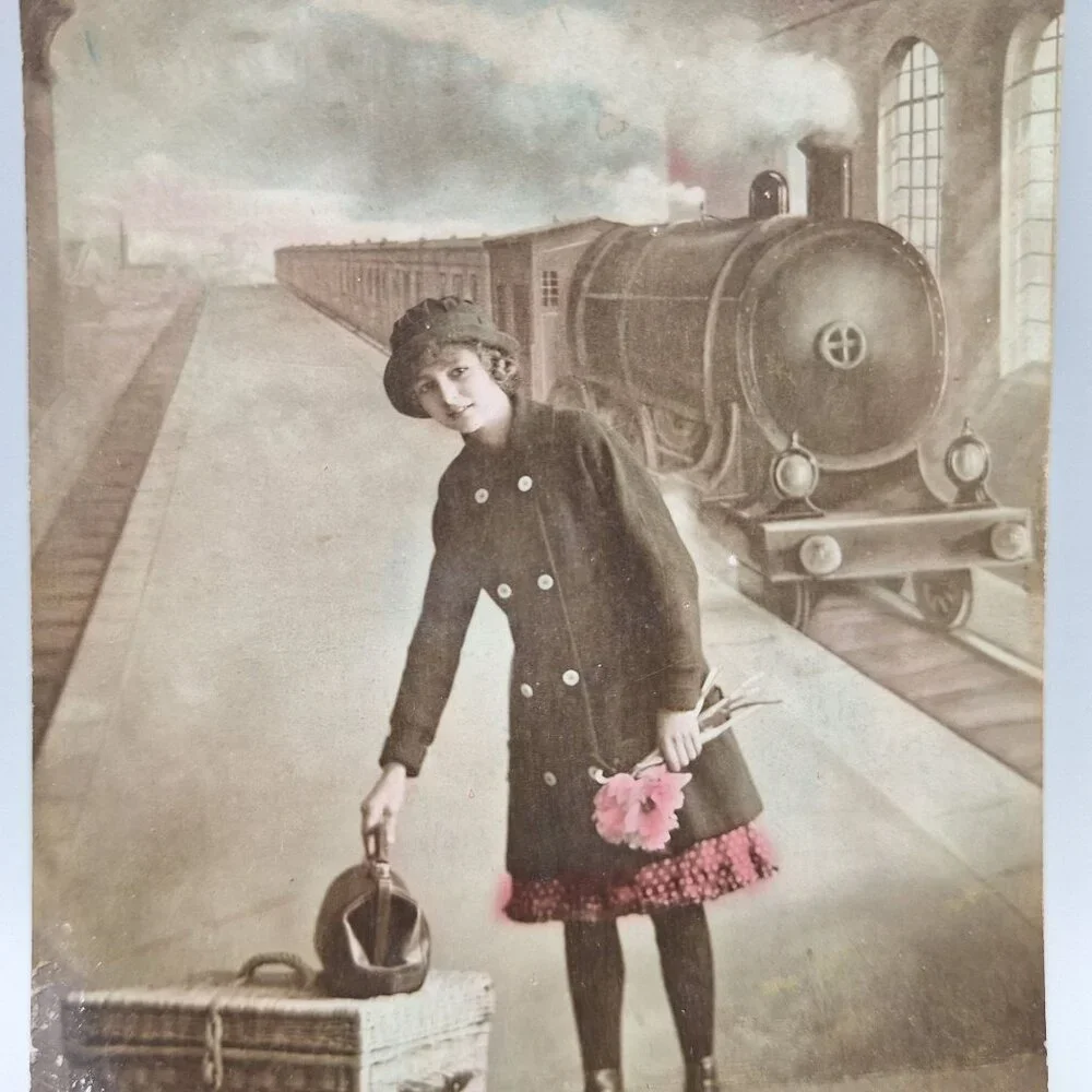 Antique Postcard Girl Suitcase Train Station 228/4 Early 1900s Sepia Tint Europe